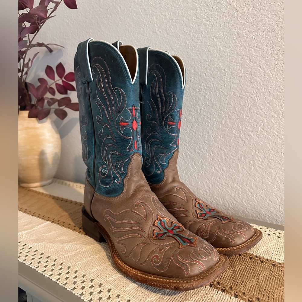 Tony Lama women’s cross overlay boots Western Boot C3 6B Size 7.5 Blue Brown